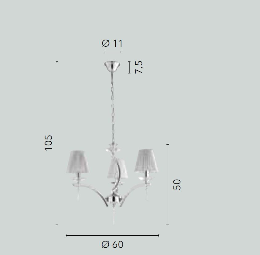 Sospensione 3 luci in metallo cromato cristalli K9 paralumi tessuto silver 3XE14 non incl. ORCHESTRA Sospensione 3 luci in metallo cromato cristalli K9 paralumi tessuto silver 3XE14 non incl. ORCHESTRA